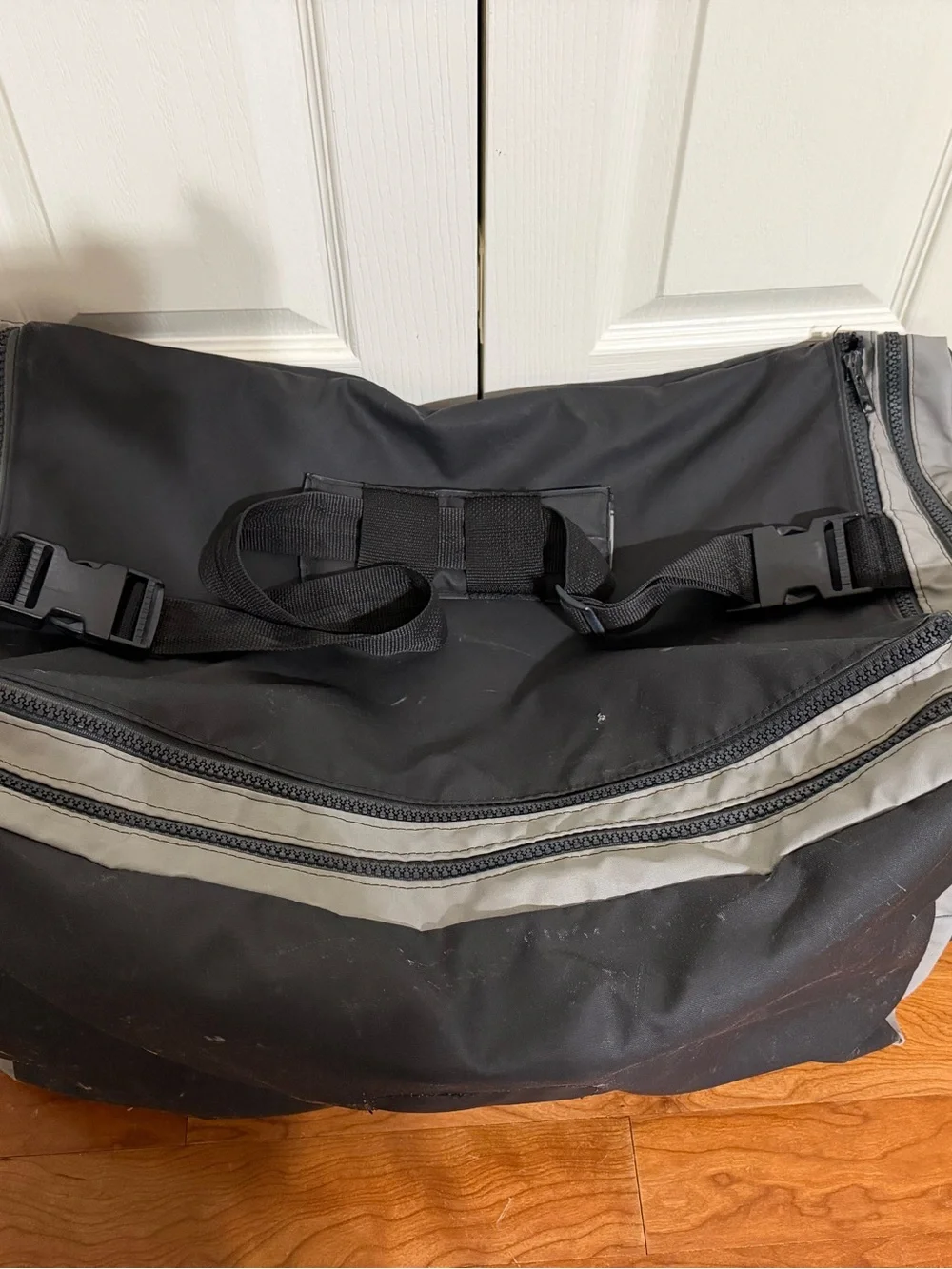 Large Black/Gray Nylon Duffle Gym Bag, Zip Closure, Adjustable Strap 23x13